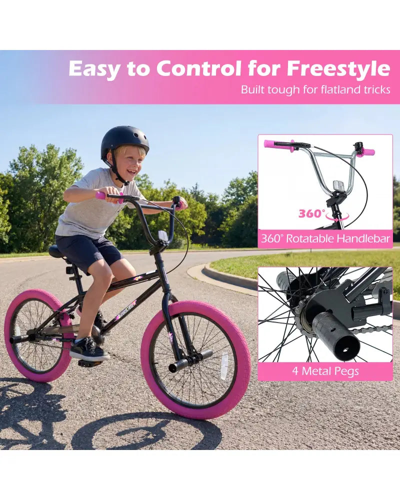 20’’ Trick Bicycle with 360 Degree Steering and Adjustable Seat for Kids and Teens-Pink - Pink - Kids Bike