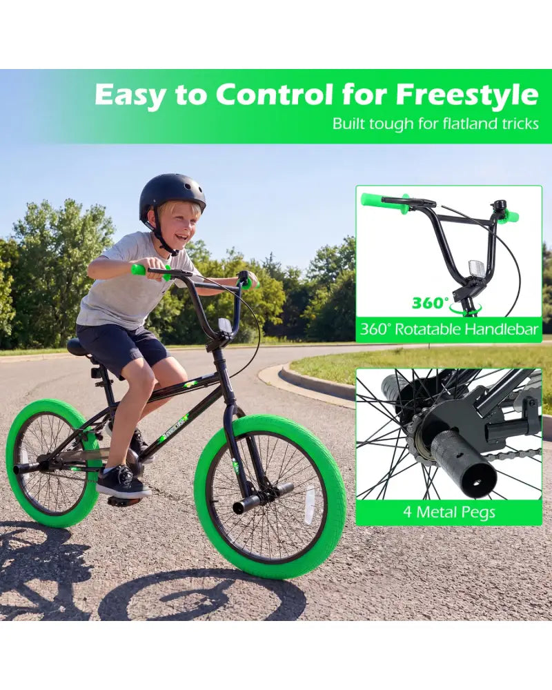 20’’ Trick Bicycle with 360 Degree Steering and Adjustable Seat for Kids and Teens-Green - Green - Kids Bike