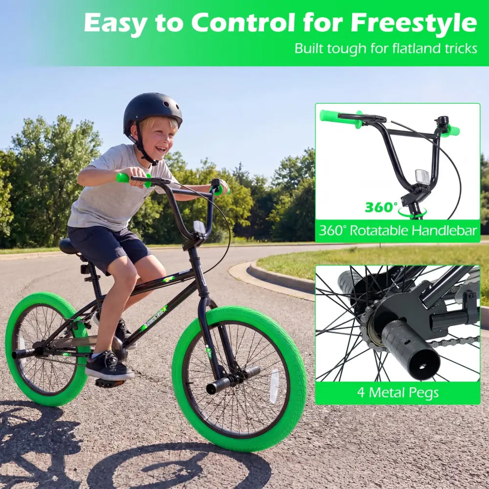 20’’ Trick Bicycle with 360 Degree Steering and Adjustable Seat for Kids and Teens-Green - Green - Kids Bike