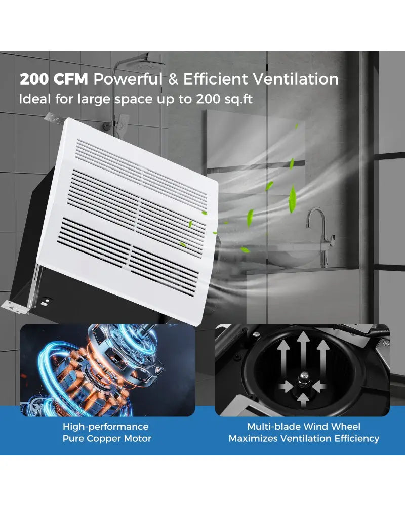 200 CFM Bathroom Exhaust Fan with Metal Housing and 6 Inches Duct for 200 Sq.Ft - White - Ventilation Fans