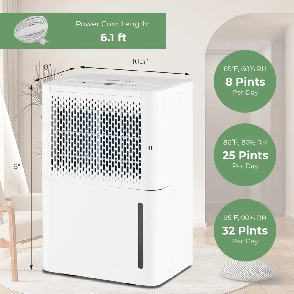 2000 Sq. Ft 32 Pint Dehumidifier with Continuous/Drying/Auto Mode-White - White - Dehumidifiers