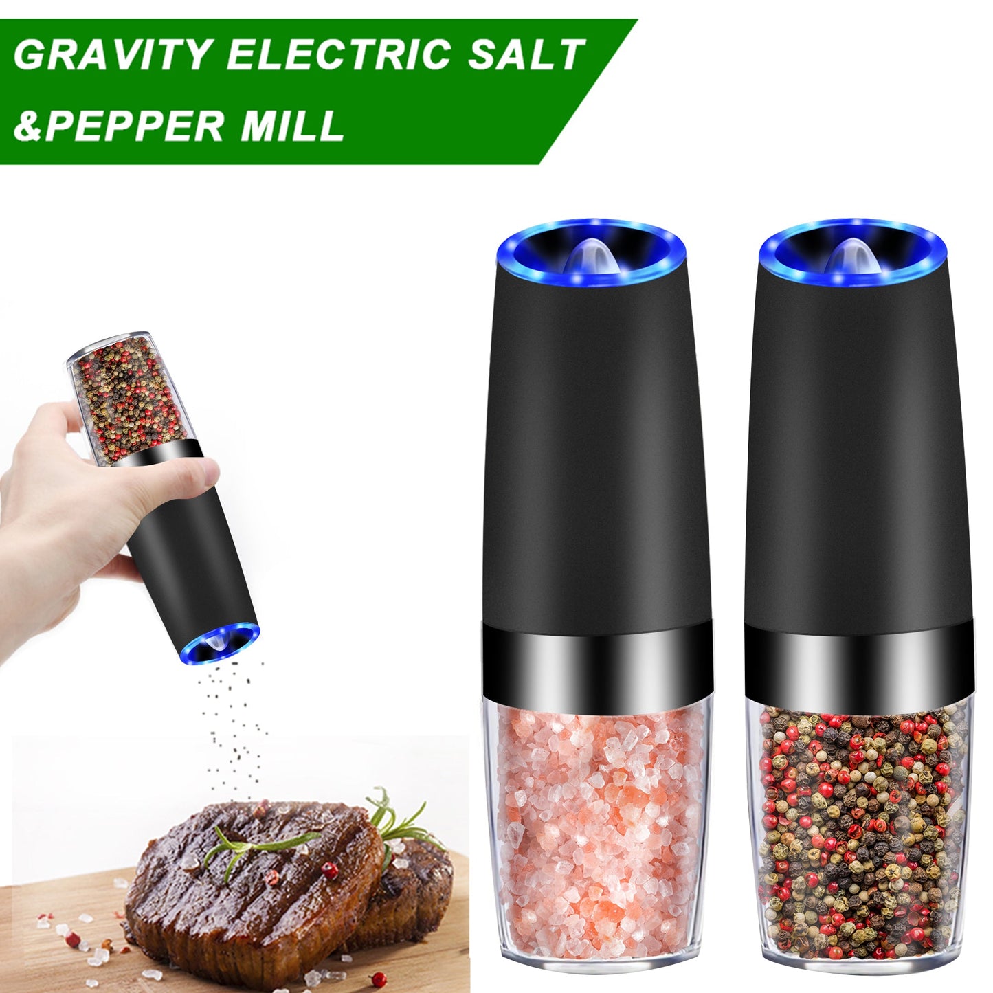 Electric salt and pepper mill set with a hand holding a grinder and food being sprinkled.