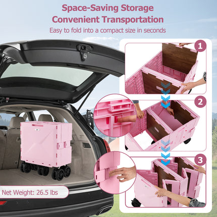 Large Foldable Utility Cart with 2-Tier Storage Crates and Telescoping Handle-Pink