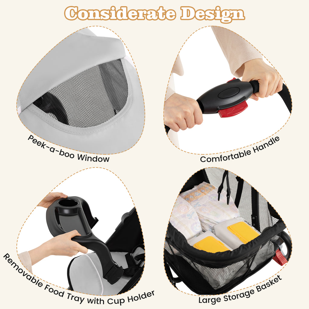 Toddler Travel Stroller for Airplane with Canopy and Adjustable Backrest-Gray