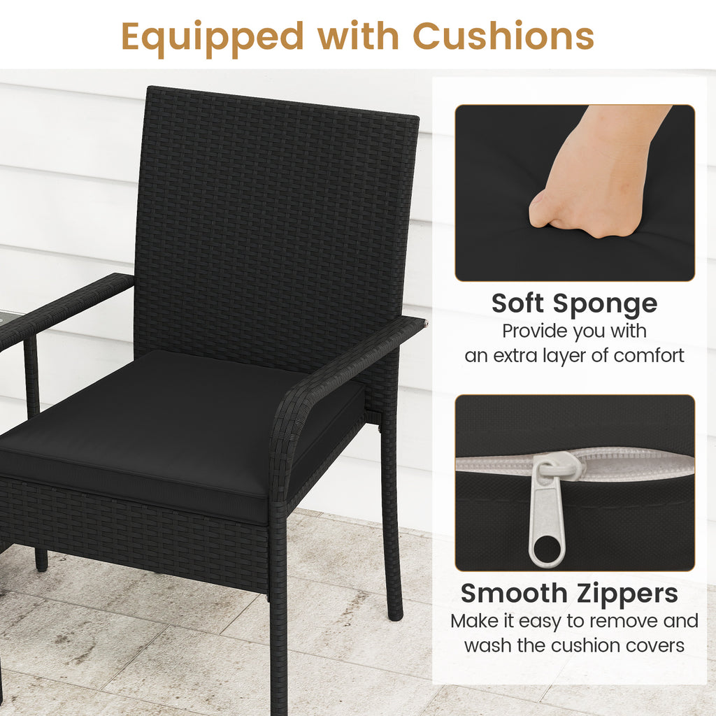 3 Piece Patio Furniture Set with Seat Cushions and Tempered Glass Tabletop-Black