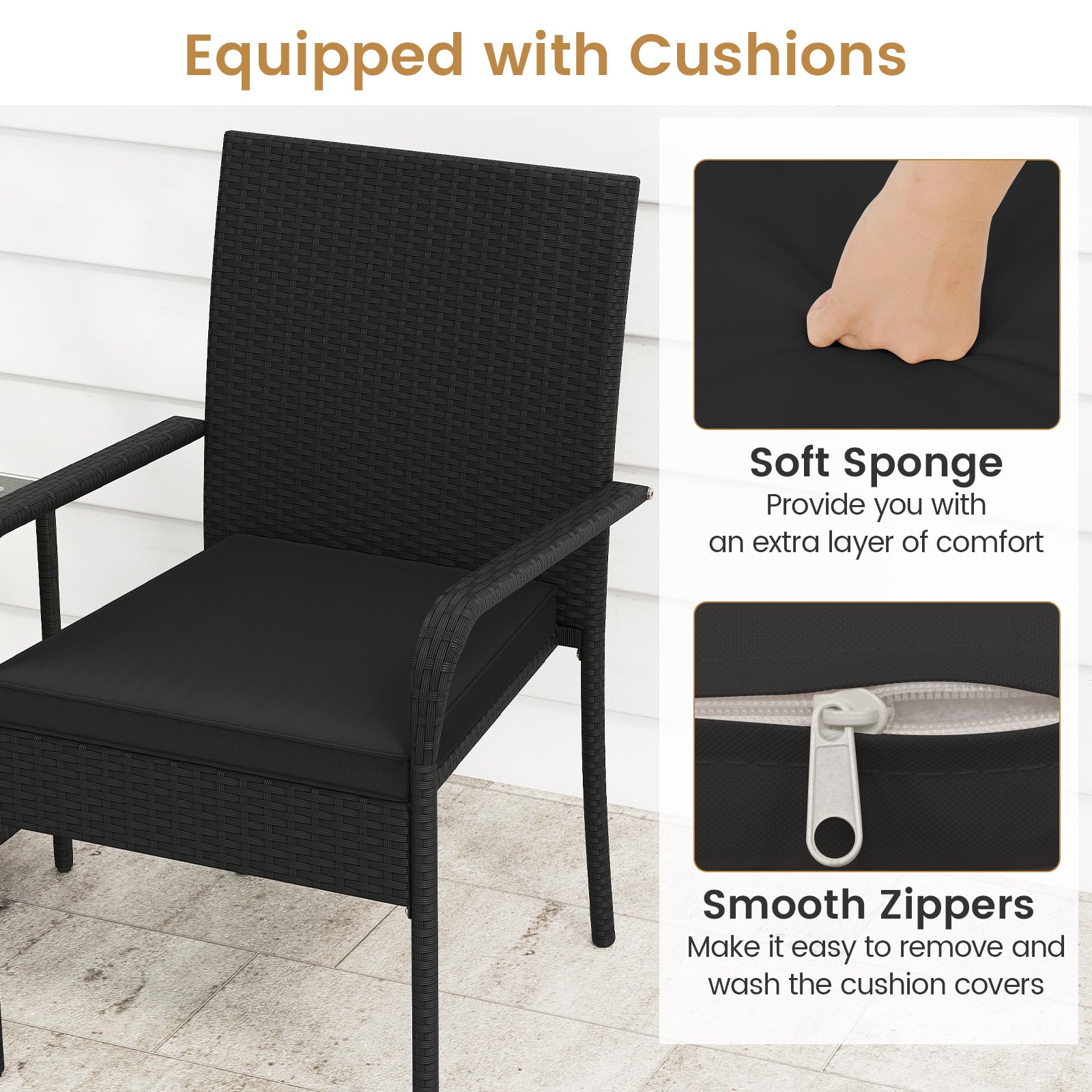 3 Piece Patio Furniture Set with Seat Cushions and Tempered Glass Tabletop-Black