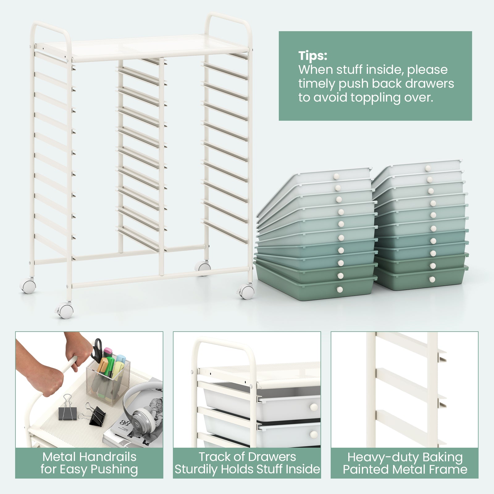 20 Drawers Rolling Storage Cart Studio Organizer-Gardient Green