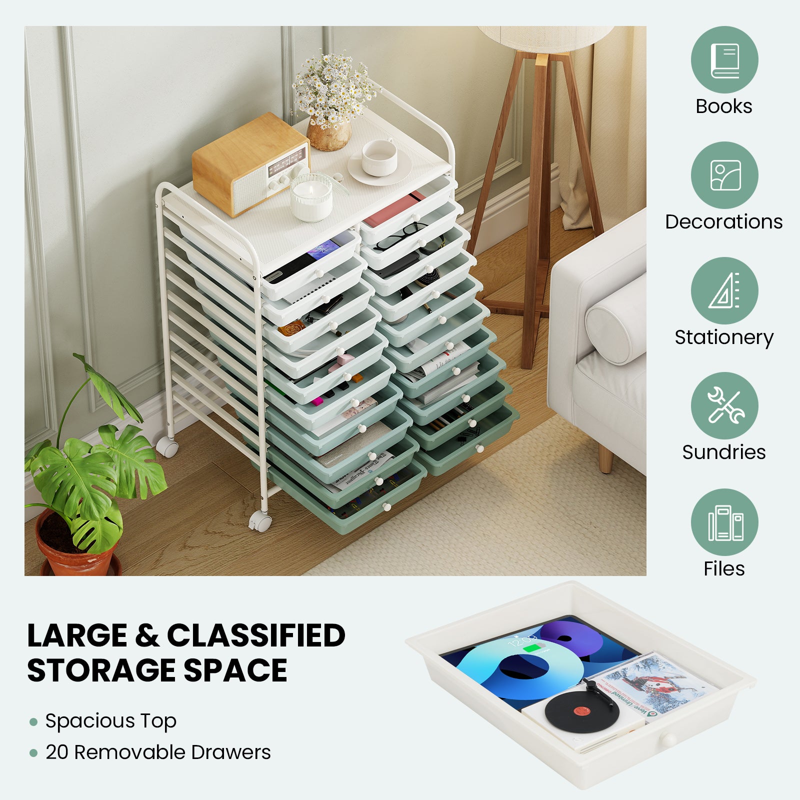 20 Drawers Rolling Storage Cart Studio Organizer-Gardient Green