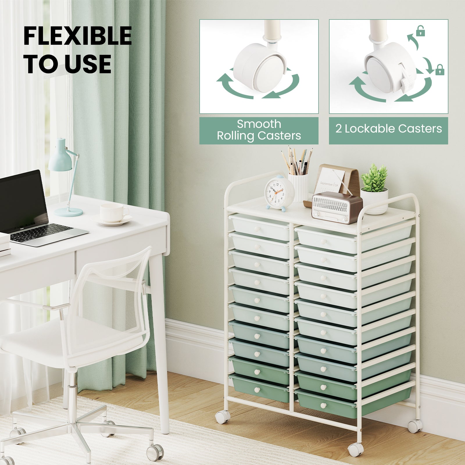20 Drawers Rolling Storage Cart Studio Organizer-Gardient Green
