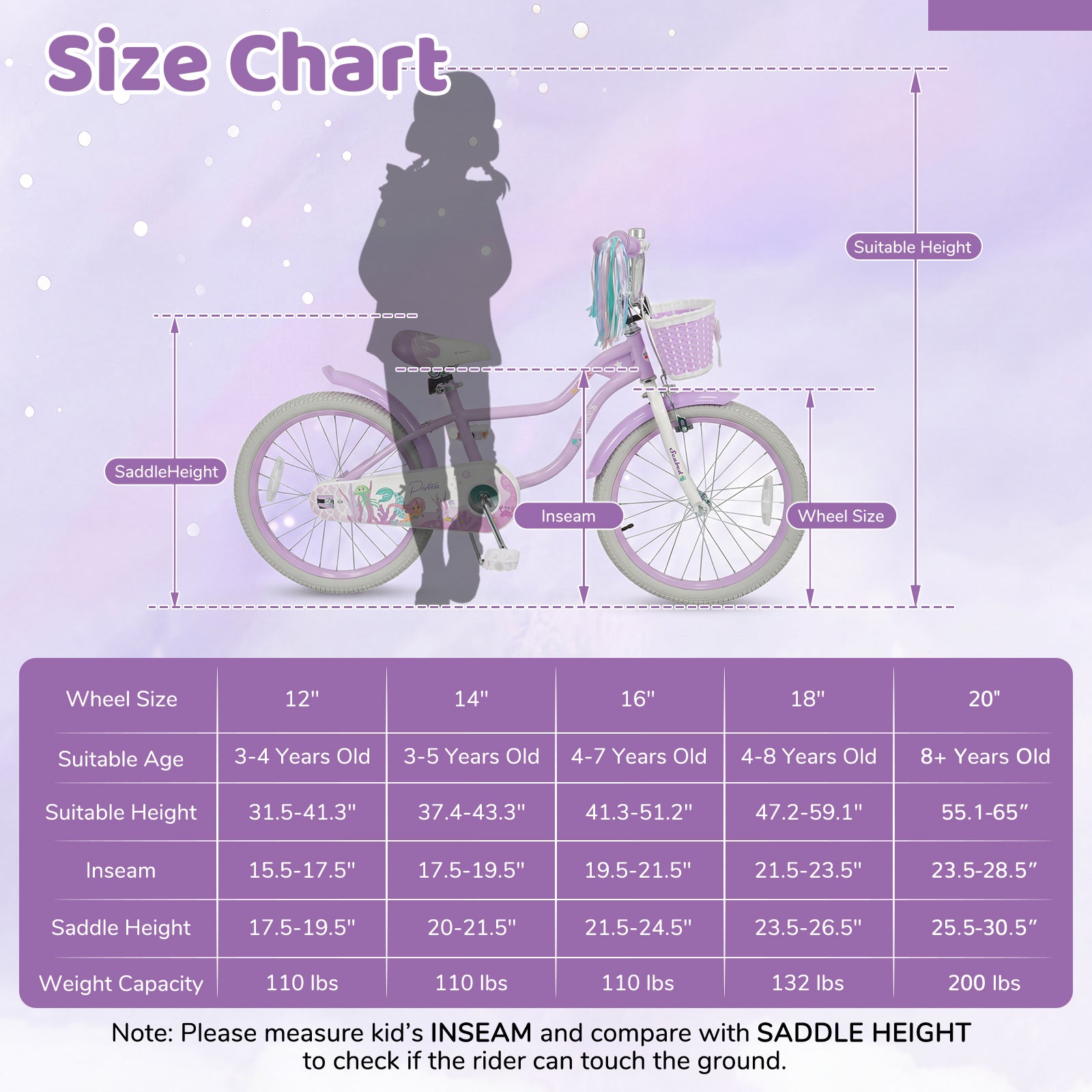 20 Inch Kids Bike Adjustable with Basket and Streamers Purple - Princess of the Sea Theme