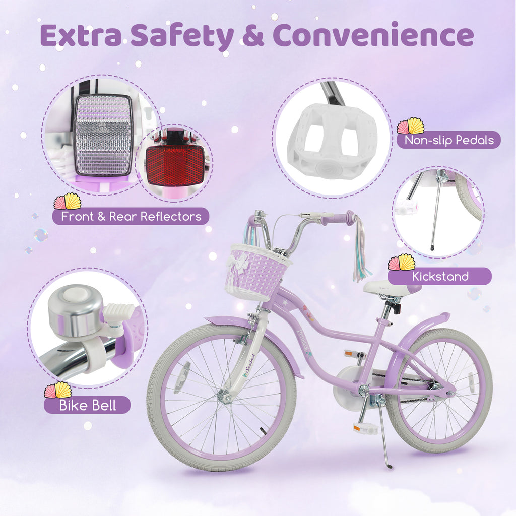 20 Inch Kids Bike Adjustable with Basket and Streamers Purple - Princess of the Sea Theme
