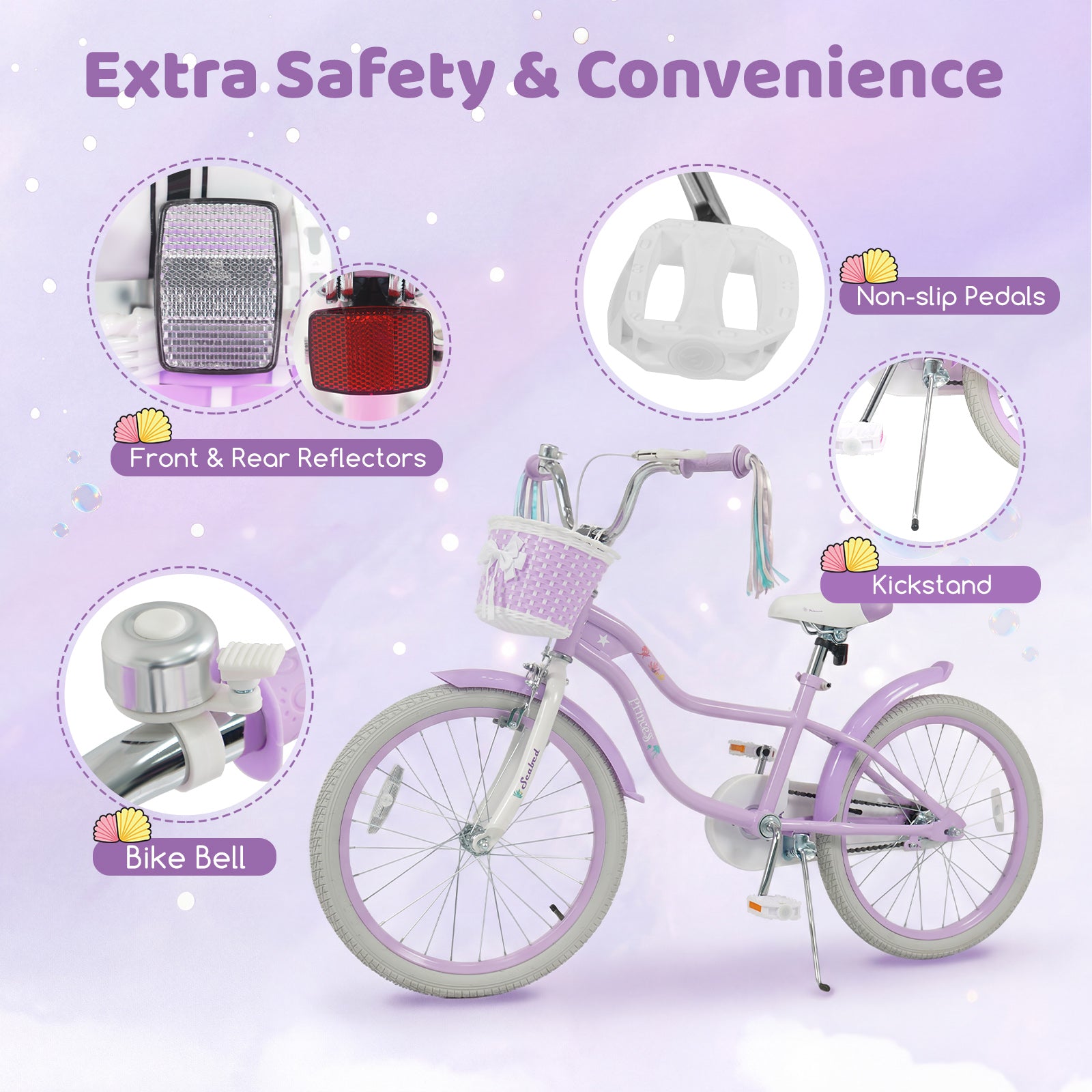 20 Inch Kids Bike Adjustable with Basket and Streamers Purple - Princess of the Sea Theme
