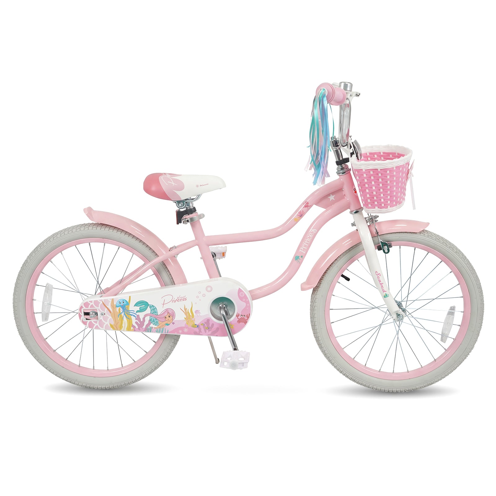 20 Inch Kids Bike Adjustable with Basket and Streamers Pink - Princess of the Sea Theme