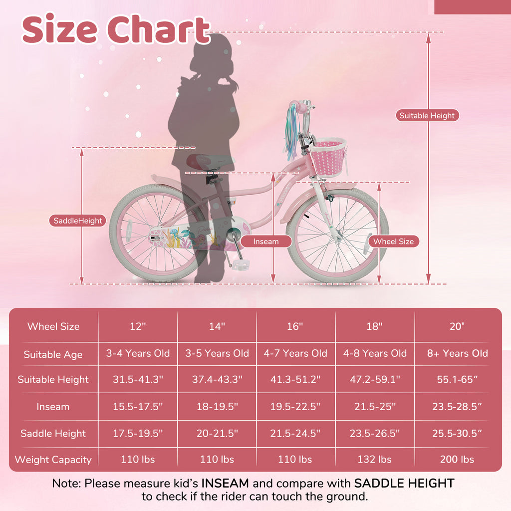 20 Inch Kids Bike Adjustable with Basket and Streamers Pink - Princess of the Sea Theme