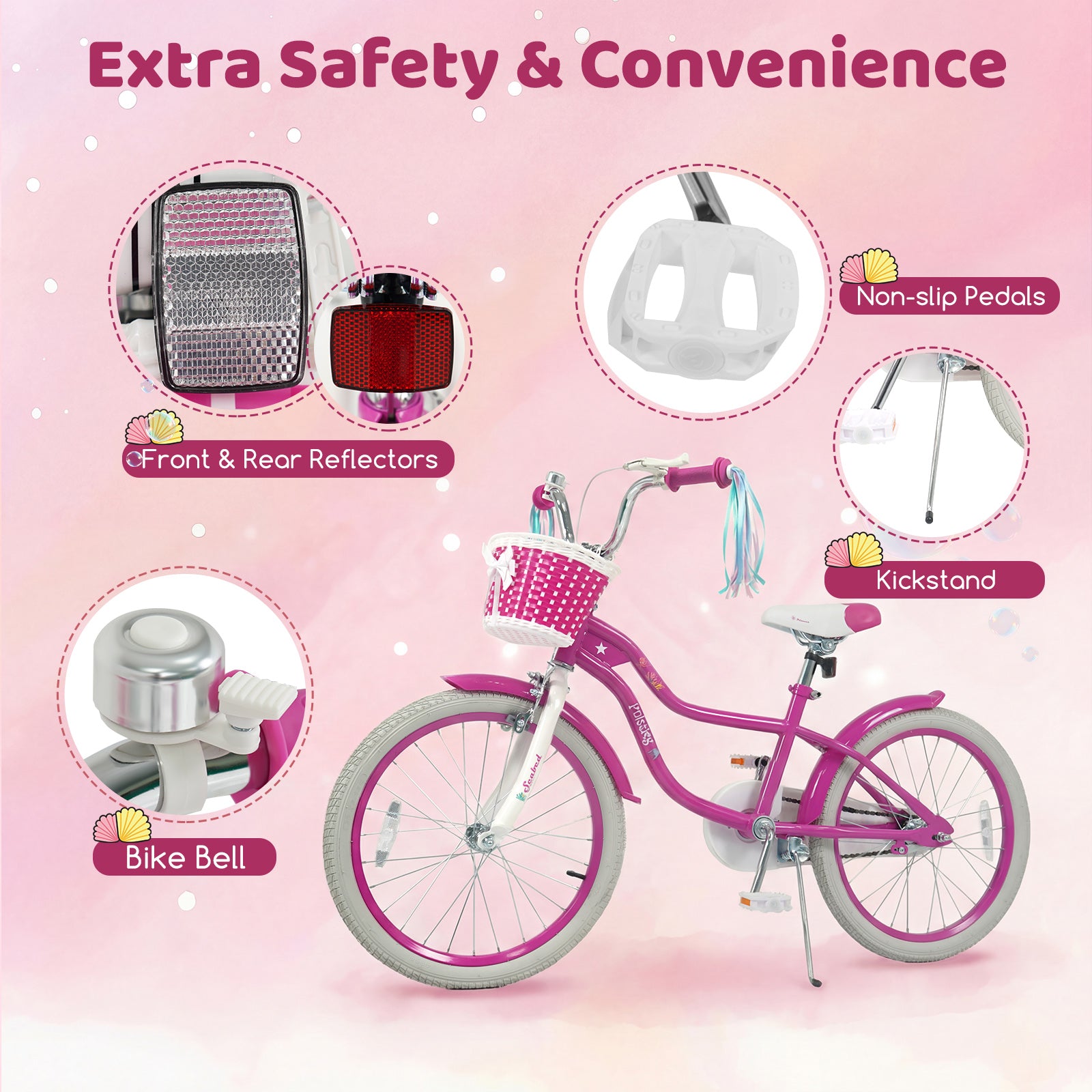 20 Inch Kids Bike Adjustable with Basket and Streamers Rose Red - Princess of the Sea Theme