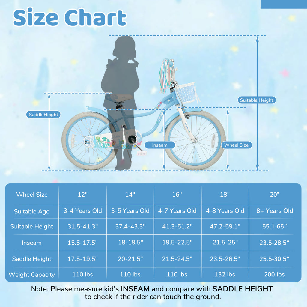 20 Inch Kids Bike Adjustable with Basket and Streamers Blue - Princess of the Sea Theme