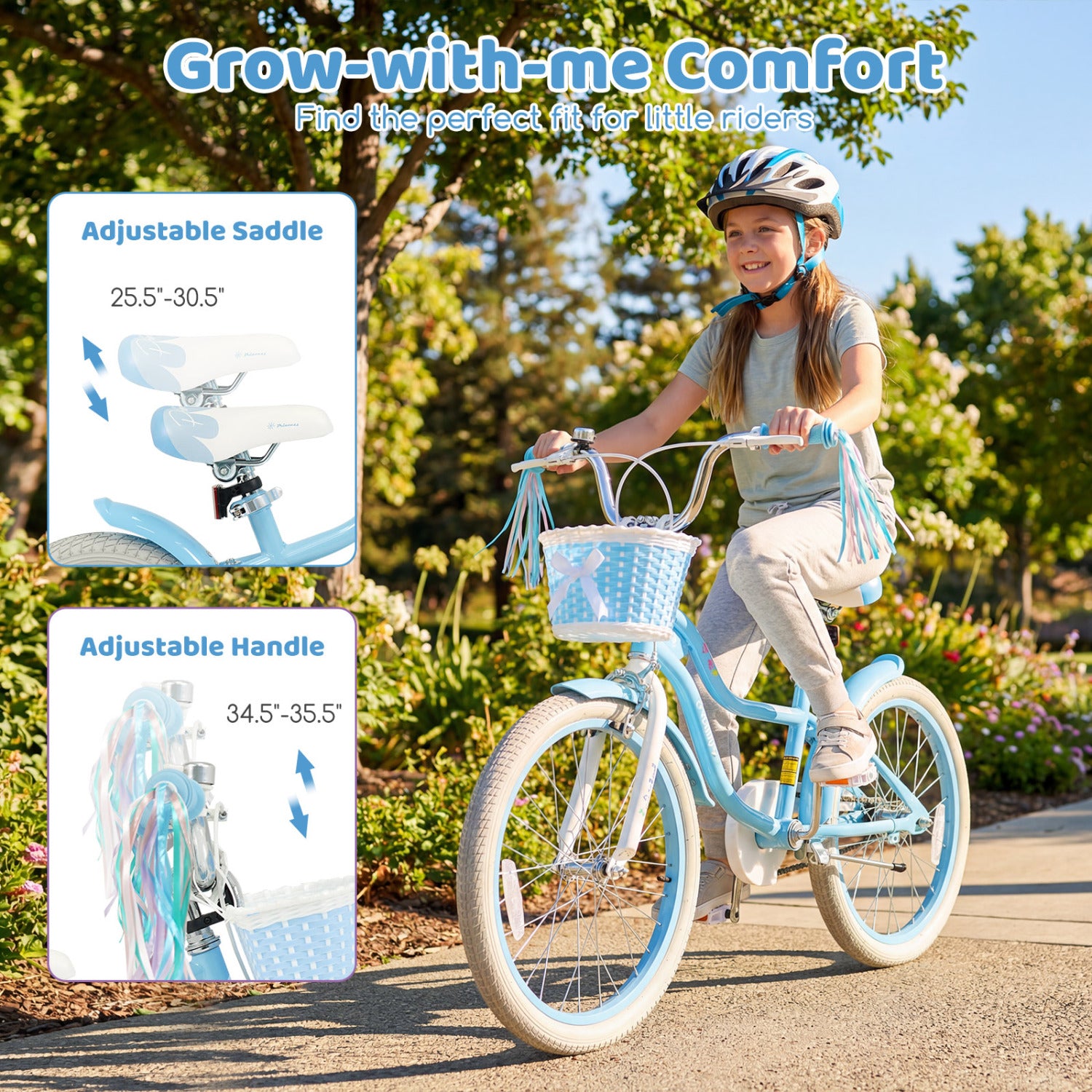 20 Inch Kids Bike Adjustable with Basket and Streamers Blue - Princess of the Sea Theme