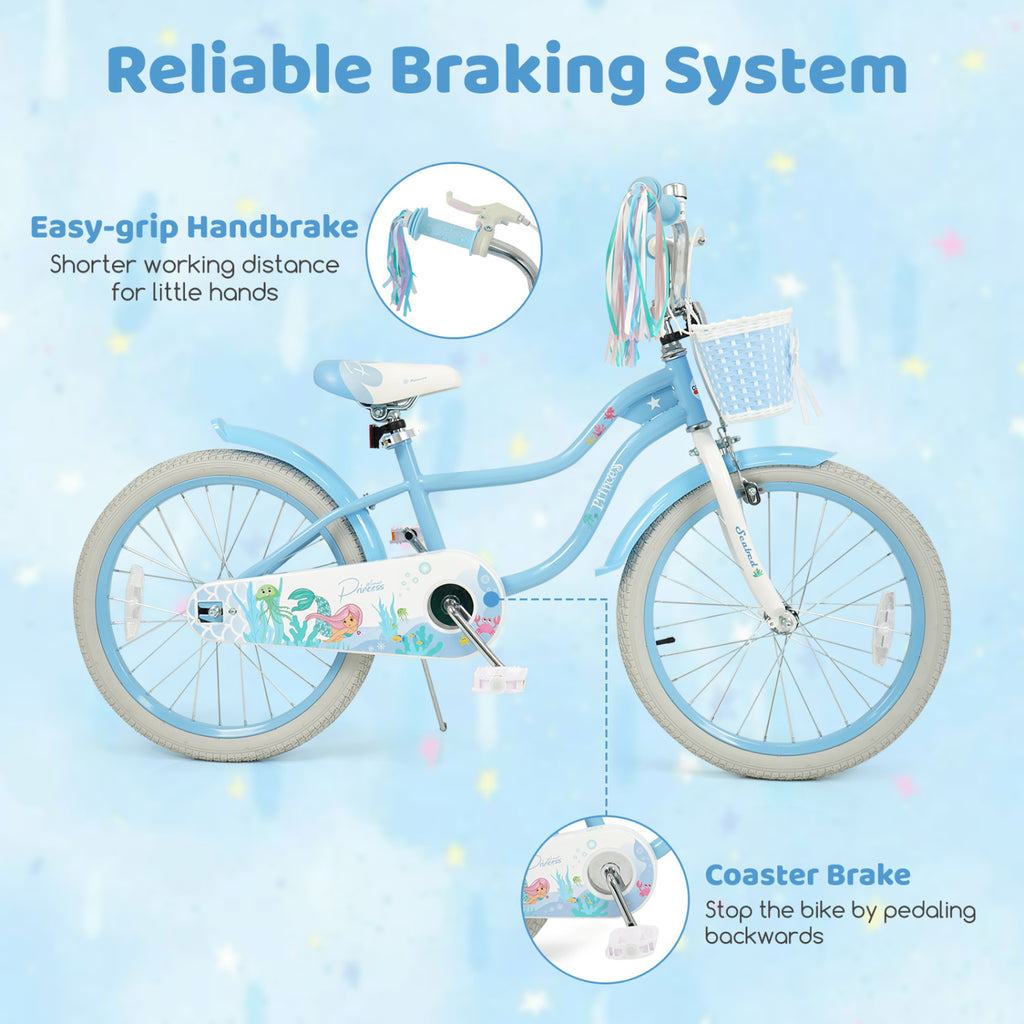 20 Inch Kids Bike Adjustable with Basket and Streamers Blue - Princess of the Sea Theme
