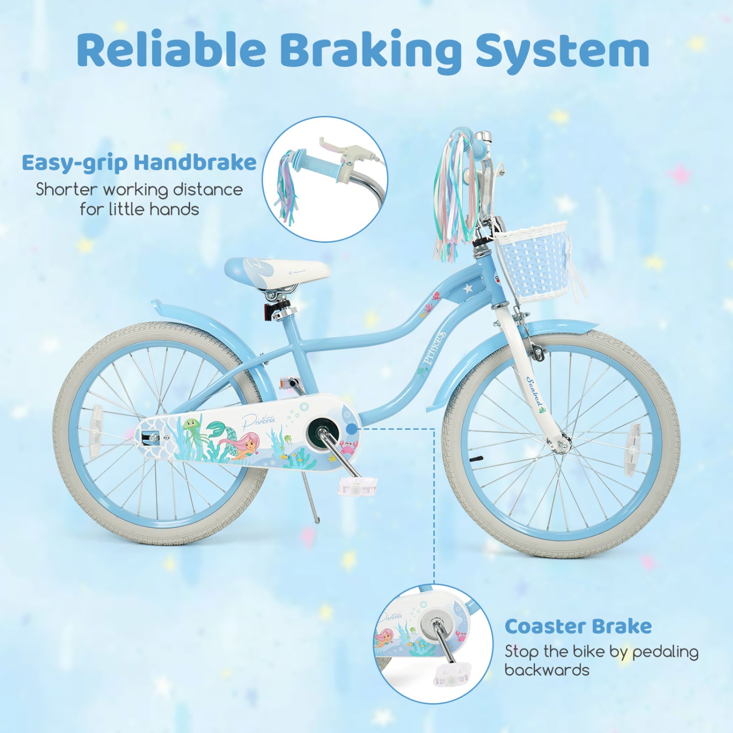 20 Inch Kids Bike Adjustable with Basket and Streamers Blue - Princess of the Sea Theme