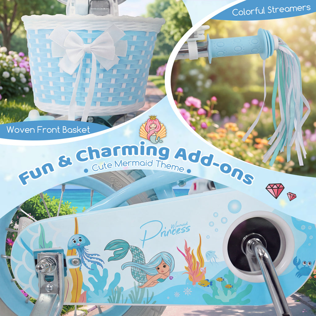 20 Inch Kids Bike Adjustable with Basket and Streamers Blue - Princess of the Sea Theme