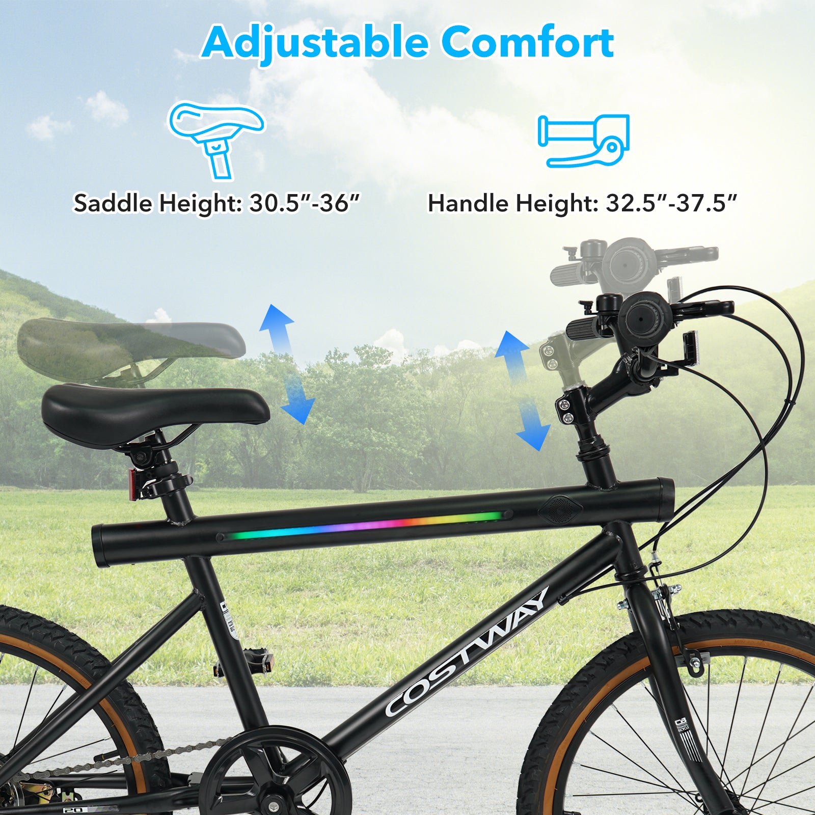 20 Inch LED-lit Cycling Bike with 2 Speakers and Ambient Lights for Men and Women-Black