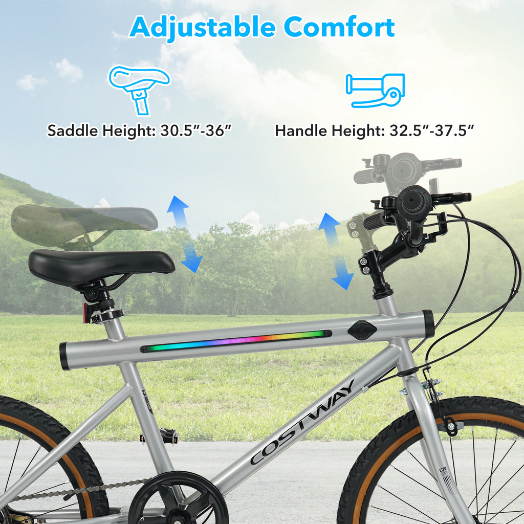 20 Inch LED-lit Cycling Bike with 2 Speakers and Ambient Lights for Men and Women-Silver
