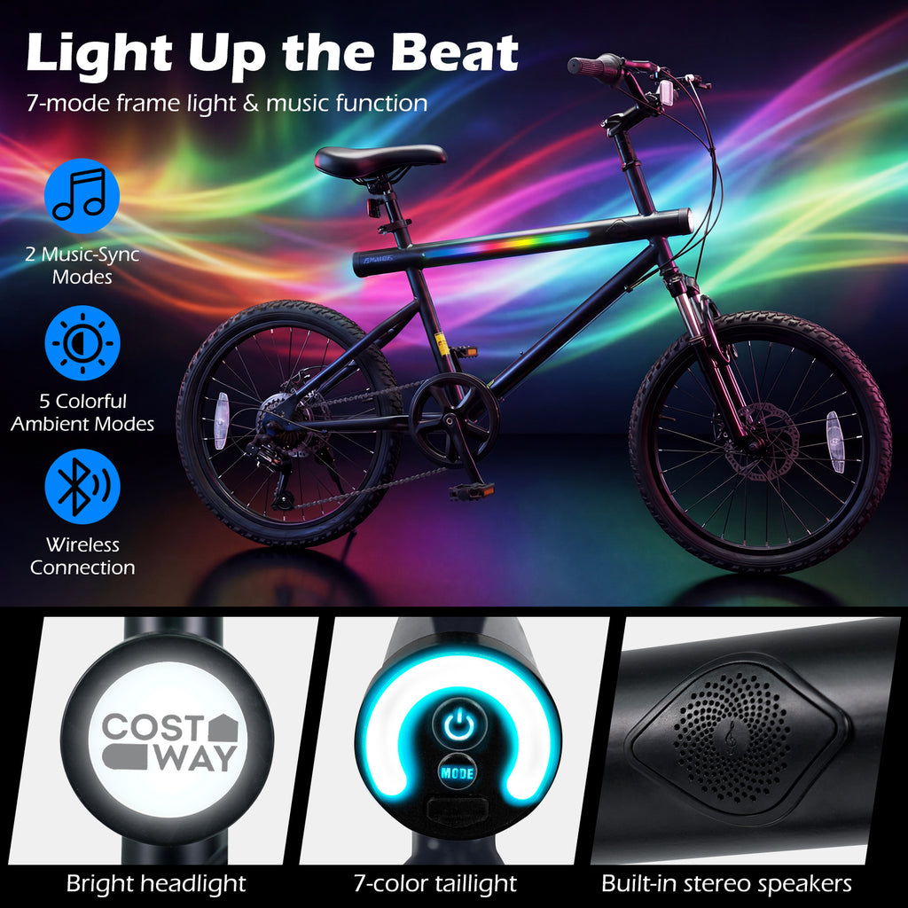 20 Inch Commuter Bicycle LED-lit with 6-Speed Shimano Twist Shifting and Stereo Speakers-Black