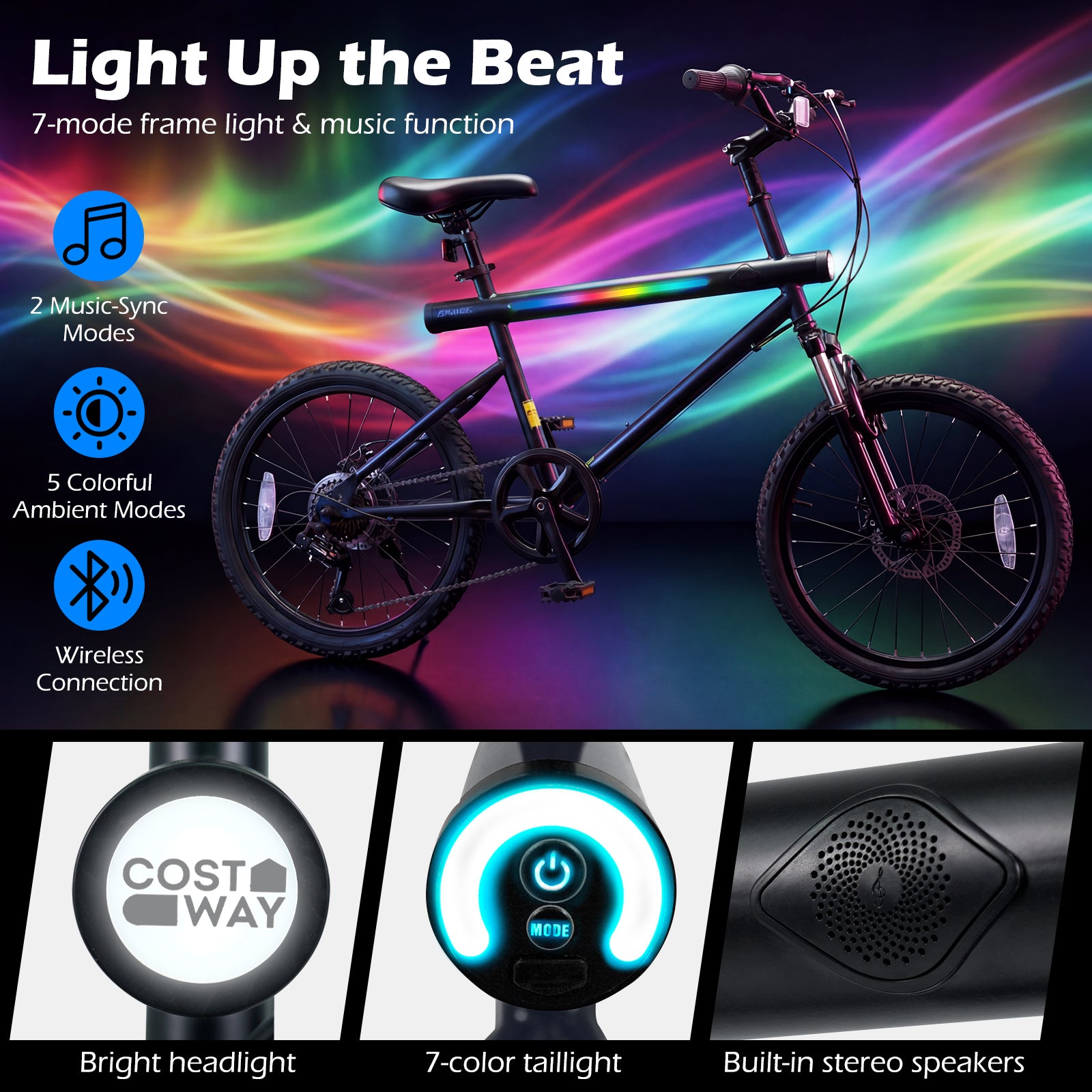 20 Inch Commuter Bicycle LED-lit with 6-Speed Shimano Twist Shifting and Stereo Speakers-Black