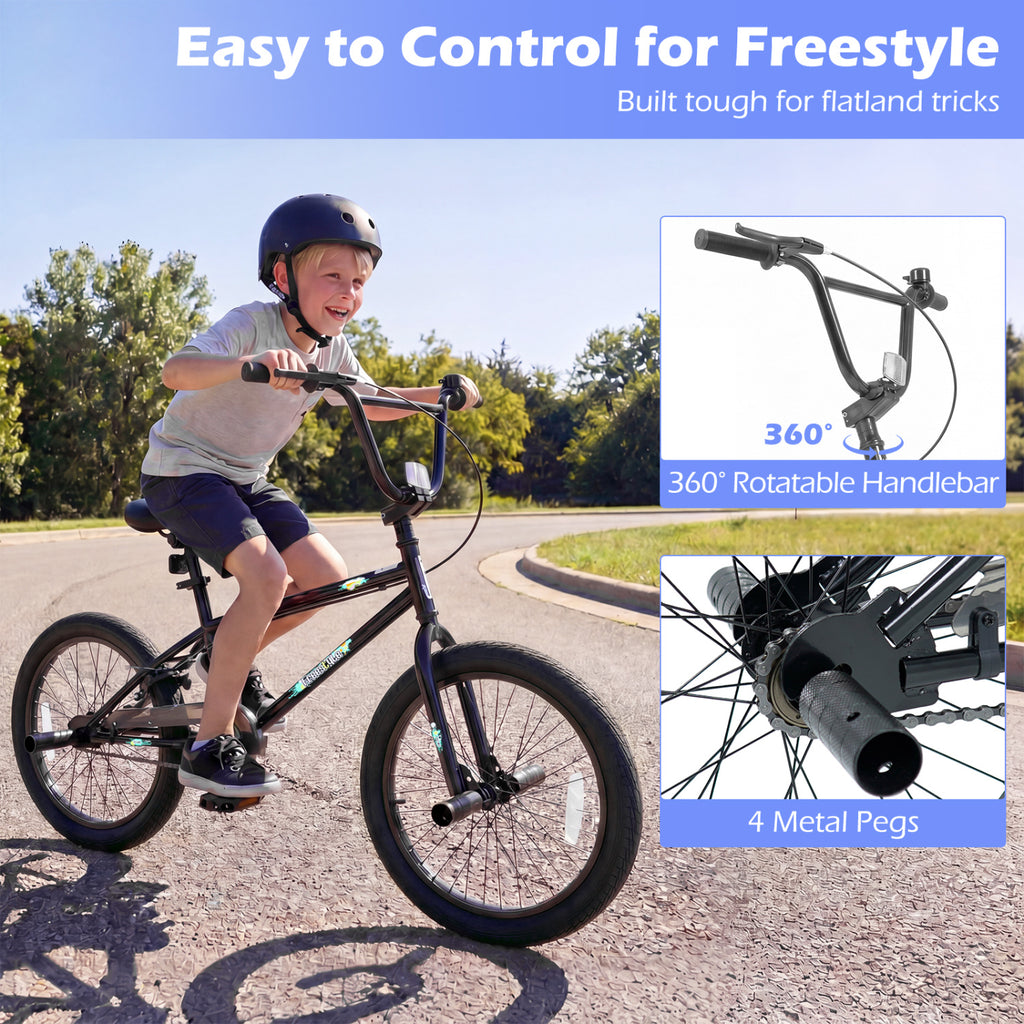 20 Inch Trick Bicycle with 360 Degree Steering and Adjustable Seat for Kids and Teens-Black