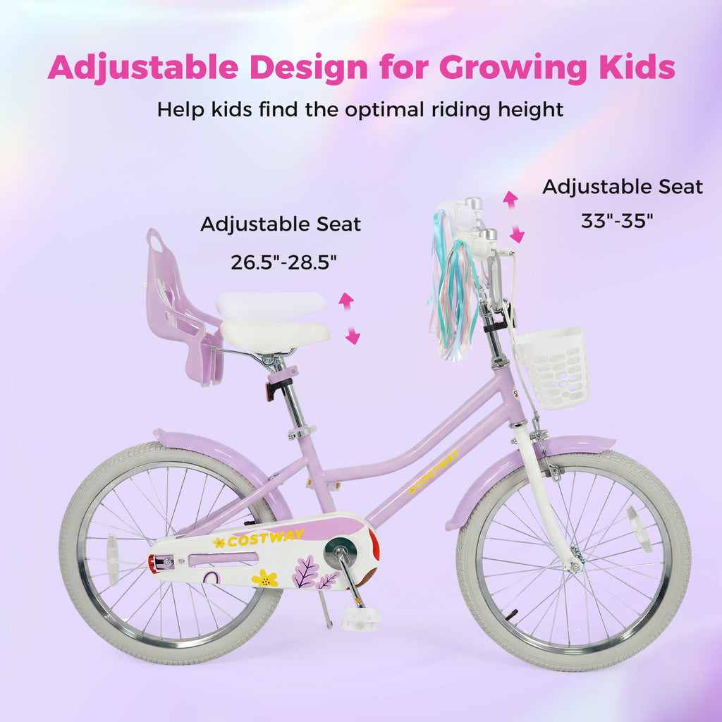 20 Inch Girls Bike Kids Bicycle with Doll Seat and Streamers for 8+ Years Old