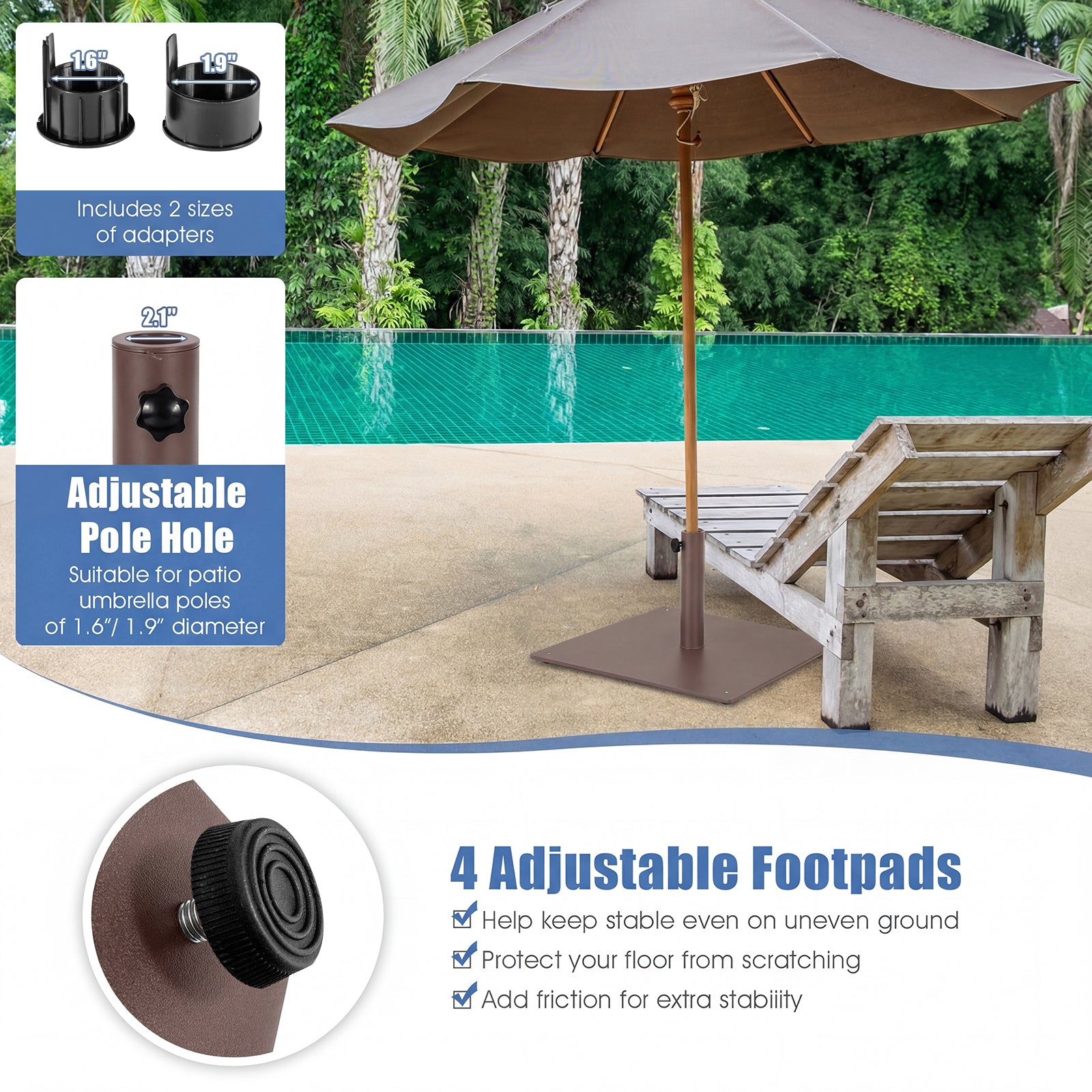 Pied de parasol de terrasse de 50 cm avec 4 patins réglables - Marron