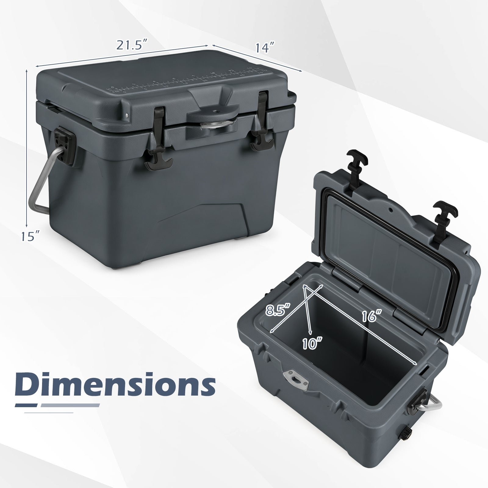20 Quart Portable Hard Cooler with Built-in Ruler and Bottle-Gray
