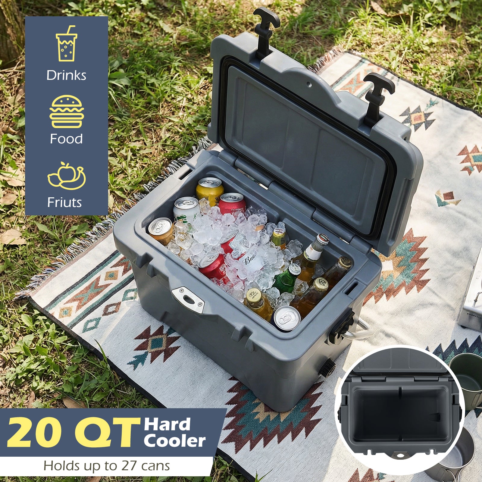 20 Quart Portable Hard Cooler with Built-in Ruler and Bottle-Gray