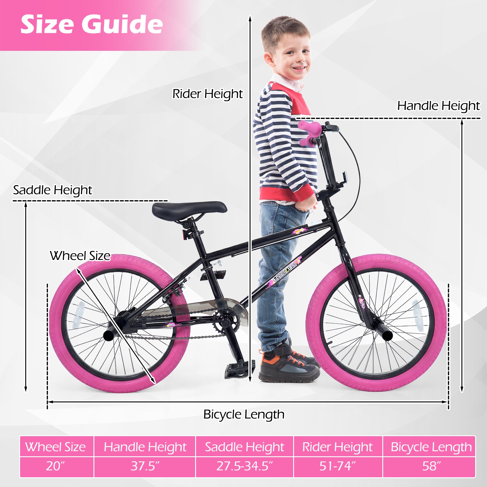 20" Trick Bicycle with 360 Degree Steering and Adjustable Seat for Kids and Teens-Pink