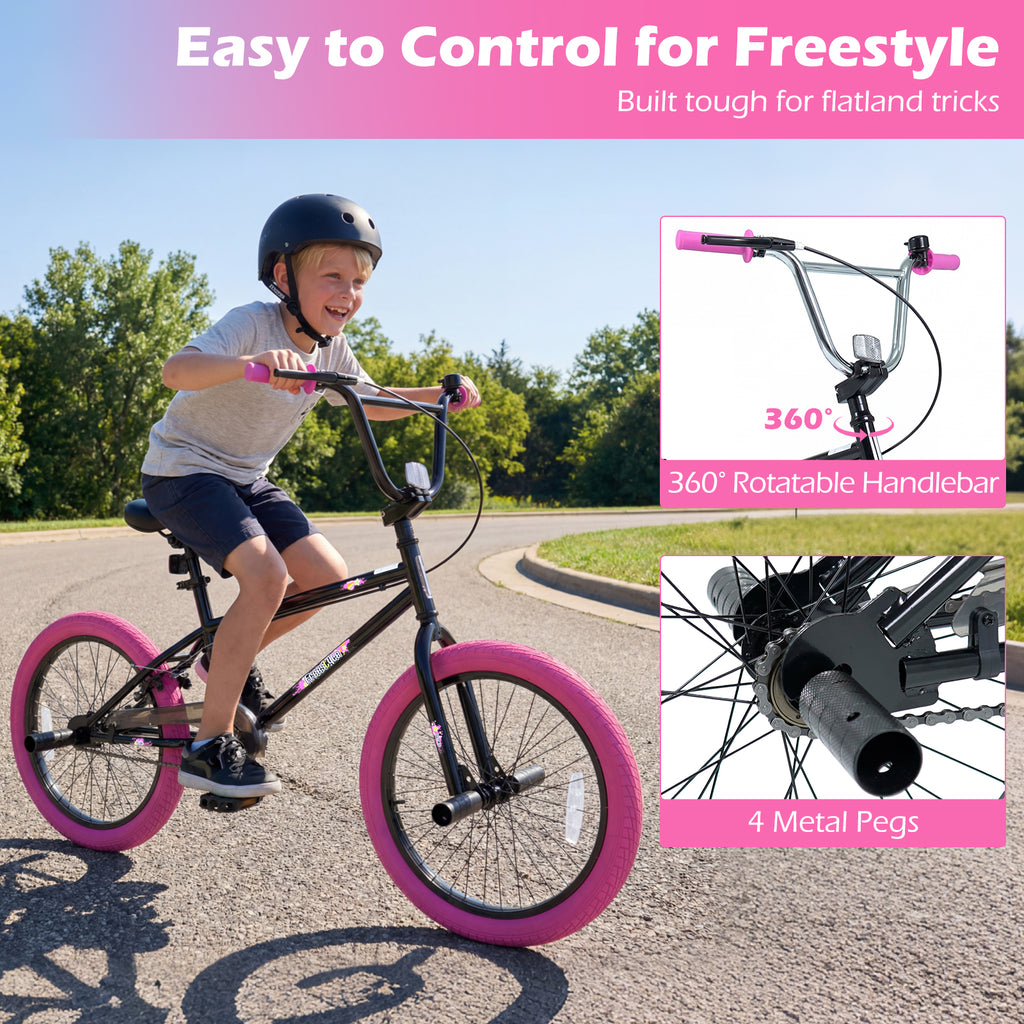 20" Trick Bicycle with 360 Degree Steering and Adjustable Seat for Kids and Teens-Pink