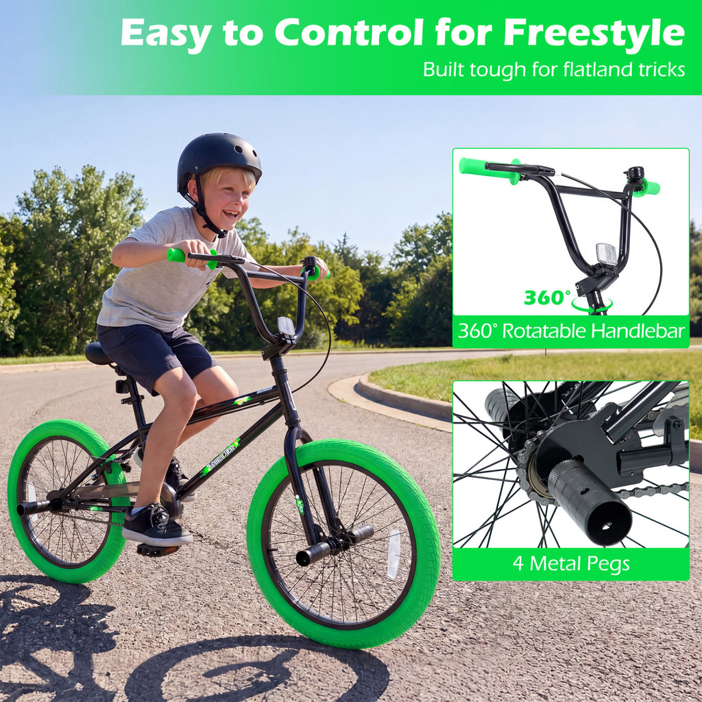 20" Trick Bicycle with 360 Degree Steering and Adjustable Seat for Kids and Teens-Green