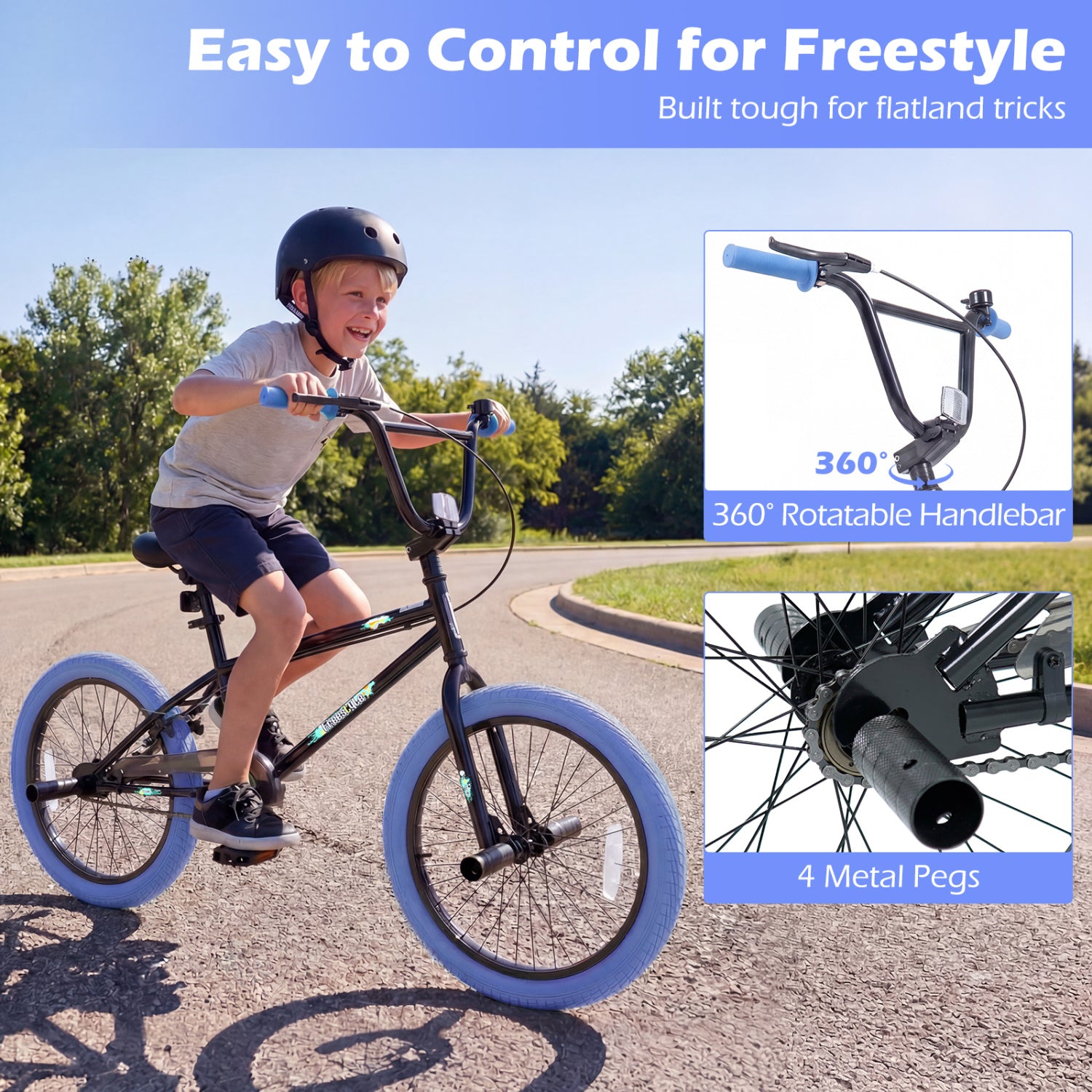 20" Trick Bicycle with 360 Degree Steering and Adjustable Seat for Kids and Teens-Navy