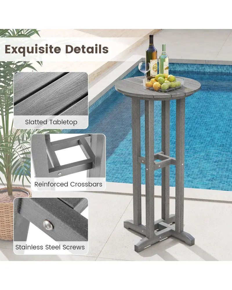 21.5 Inch Round Bar Table Patio HDPE Bar Height Dining Table with Slatted Tabletop-Gray - Gray - Patio Bar Furniture