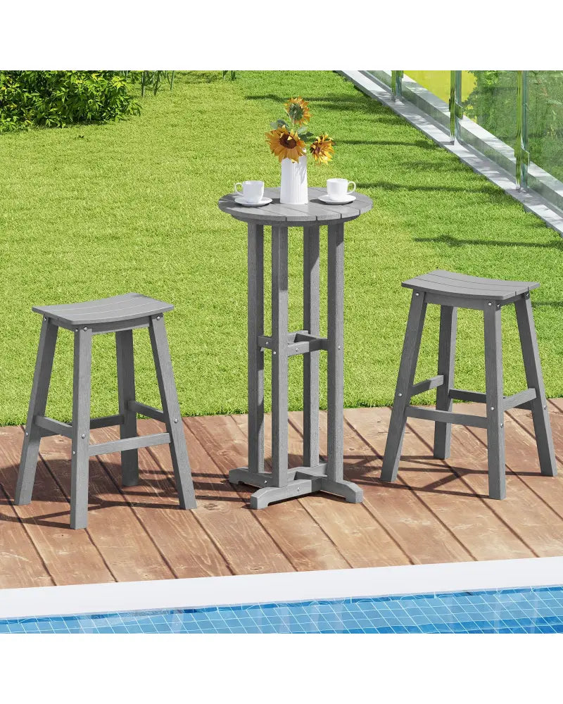 21.5 Inch Round Bar Table Patio HDPE Bar Height Dining Table with Slatted Tabletop-Gray - Gray - Patio Bar Furniture