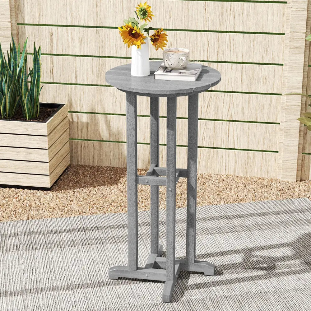 21.5 Inch Round Bar Table Patio HDPE Bar Height Dining Table with Slatted Tabletop-Gray - Gray - Patio Bar Furniture