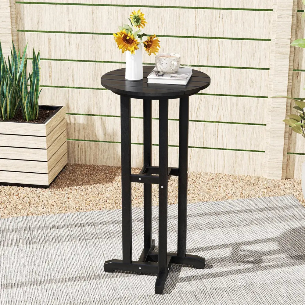 21.5 Inch Round Bar Table Patio HDPE Bar Height Dining Table with Slatted Tabletop-Black - Black - Patio Bar Furniture