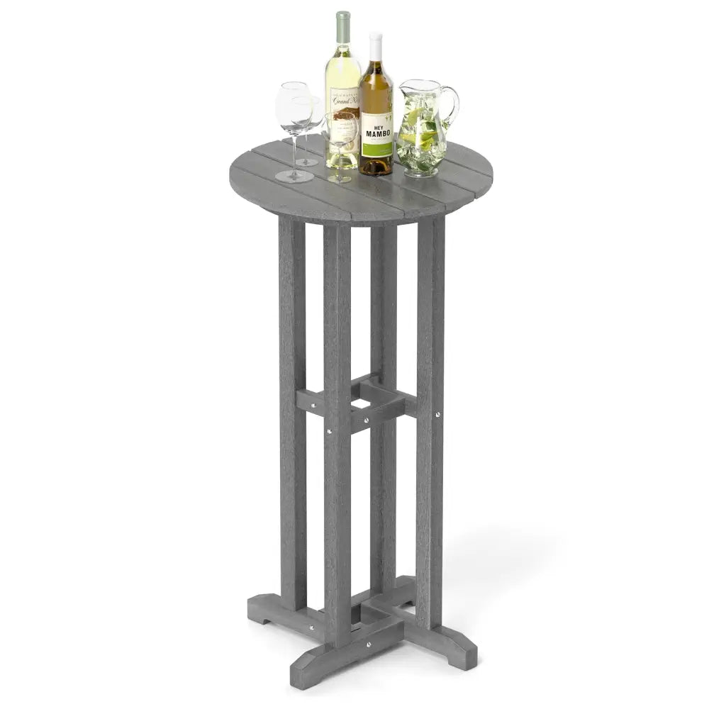 21.5 Inch Round Bar Table Patio HDPE Bar Height Dining Table with Slatted Tabletop-Gray - Gray - Patio Bar Furniture