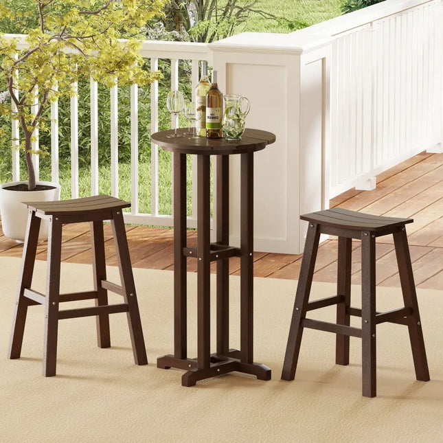 21.5 Inch Round Bar Table Patio HDPE Bar Height Dining Table with Slatted Tabletop-Brown - Brown - Patio Bar Furniture