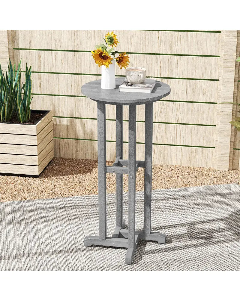 21.5 Inch Round Bar Table Patio HDPE Bar Height Dining Table with Slatted Tabletop-Gray - Gray - Patio Bar Furniture