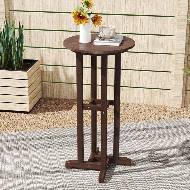 21.5 Inch Round Bar Table Patio HDPE Bar Height Dining Table with Slatted Tabletop-Brown - Brown - Patio Bar Furniture