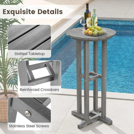 21.5 Inch Round Bar Table Patio HDPE Bar Height Dining Table with Slatted Tabletop-Gray - Gray - Patio Bar Furniture
