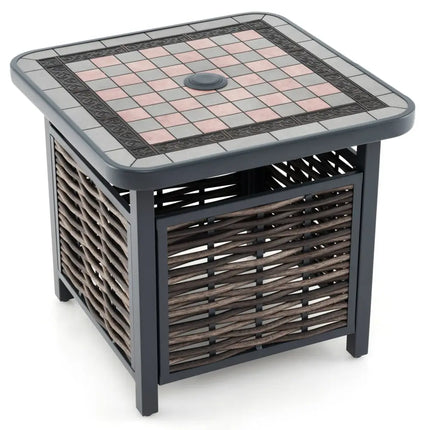 21.5 Inches Outdoor PE Rattan Side Table Square End Table with Umbrella Hole - Brown - Patio Coffee Tables
