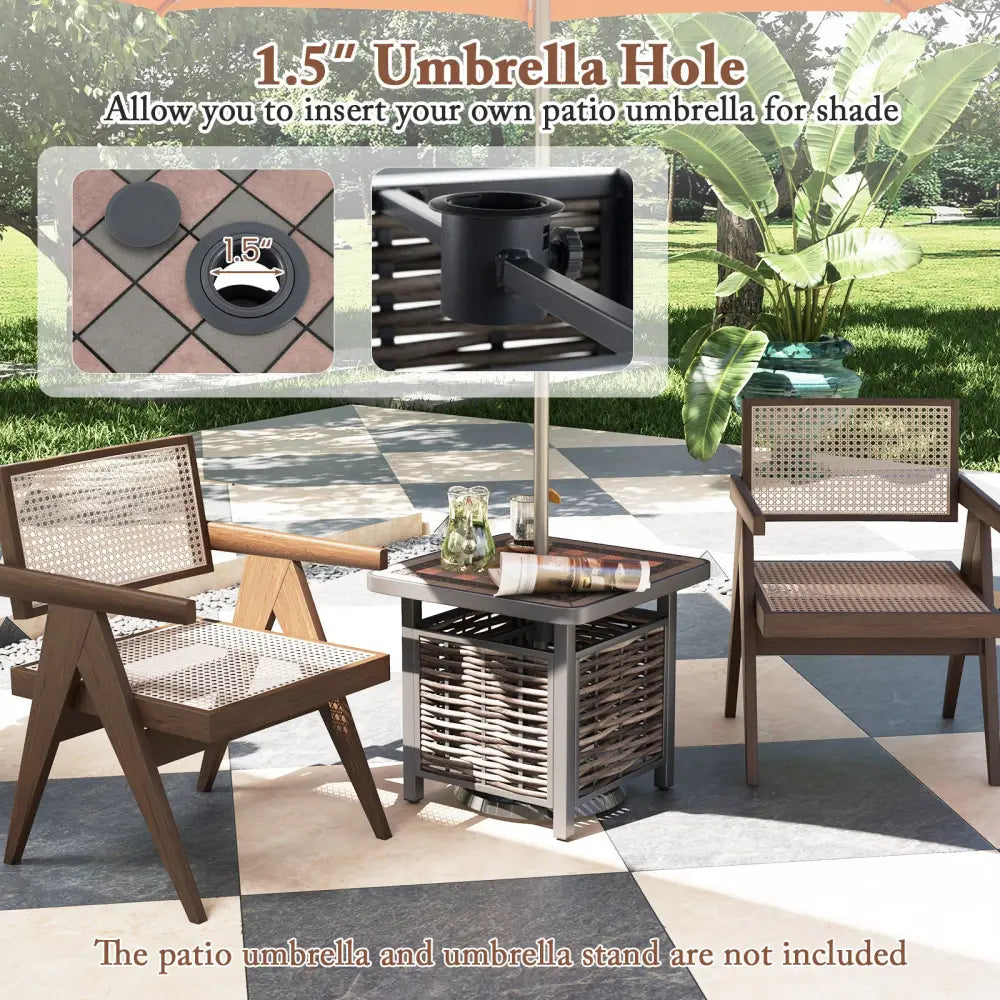 21.5 Inches Outdoor PE Rattan Side Table Square End Table with Umbrella Hole - Brown - Patio Coffee Tables