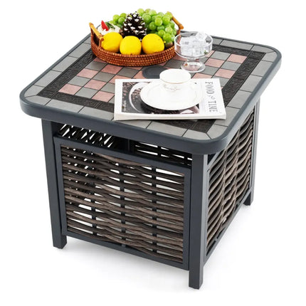 21.5 Inches Outdoor PE Rattan Side Table Square End Table with Umbrella Hole - Brown - Patio Coffee Tables