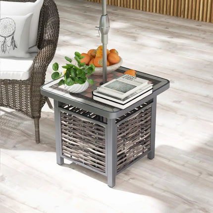 21.5 Inches Outdoor PE Rattan Side Table Square End Table with Umbrella Hole - Brown - Patio Coffee Tables